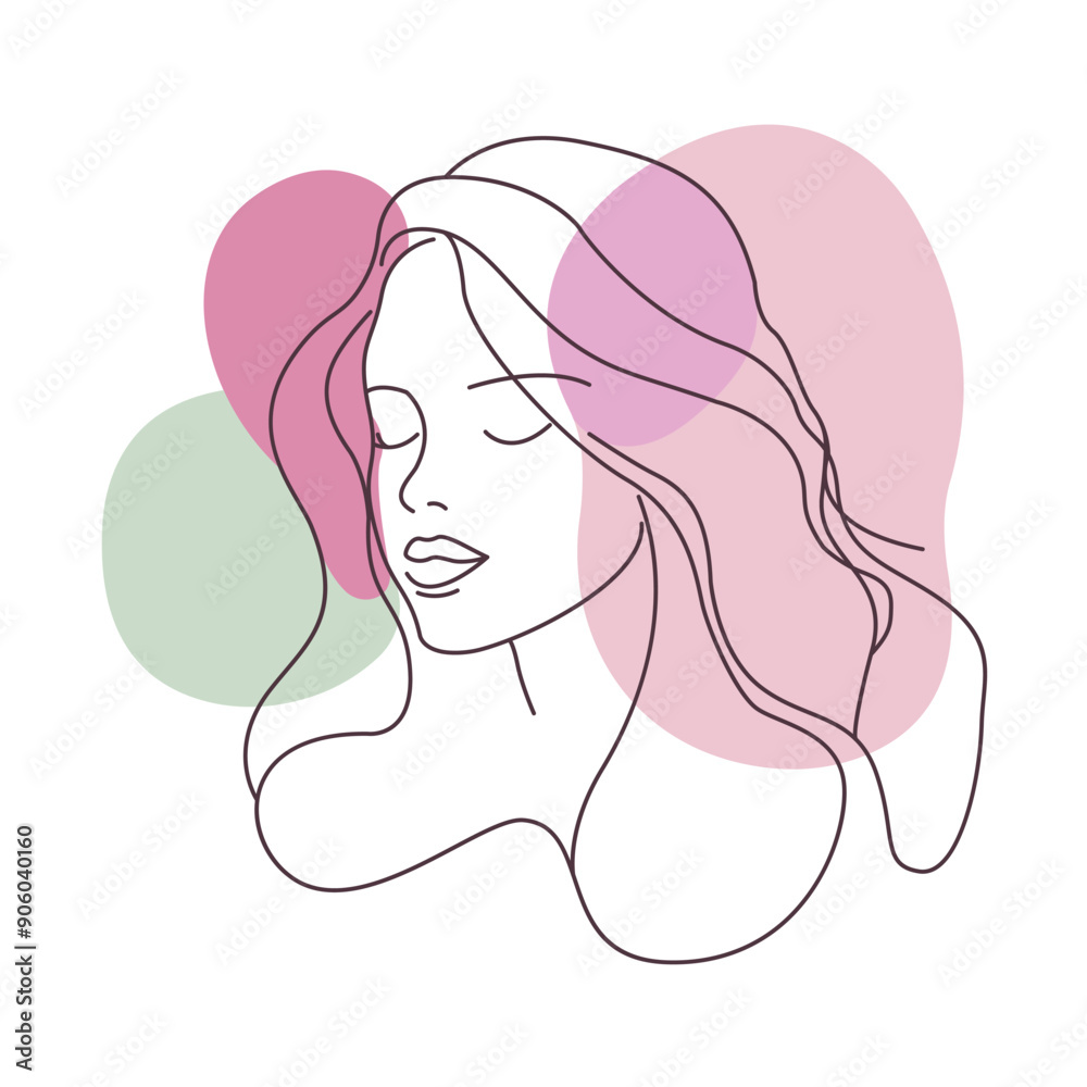 Aesthetic Beautiful Girl Face Hand Drawn Sketch in Line Art Style with Purple Green Fill Color Aesthetic Beautiful Girl Face Hand Drawn Sketch in Line Art Style with Purple Green Fill Color