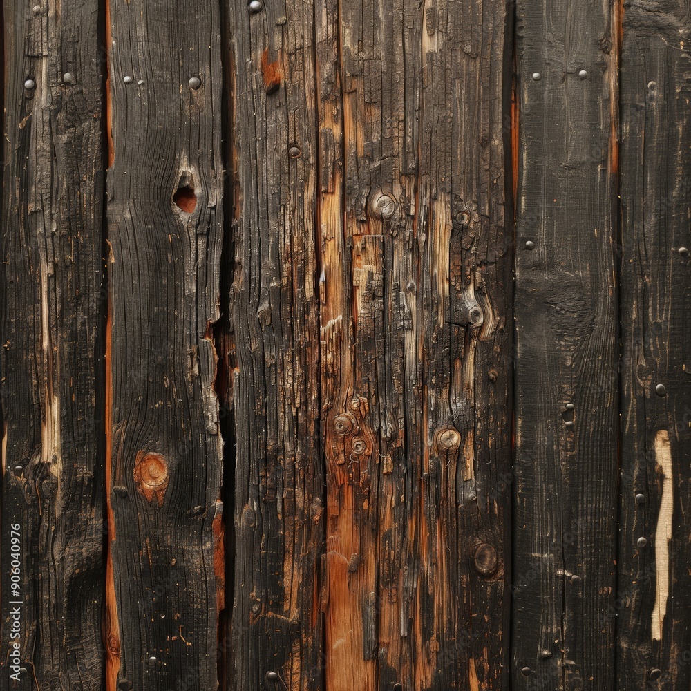 Weathered wooden fence planks with dark brown and orange hues Weathered wooden fence planks with dark brown and orange hues