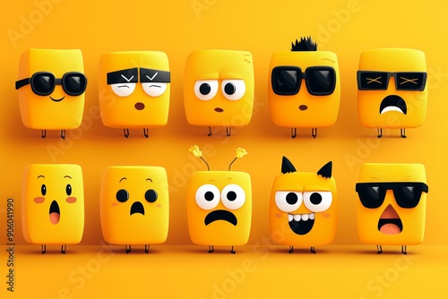 A vibrant and playful illustration featuring ten cute yellow cartoon characters, each expressing a different emotion.