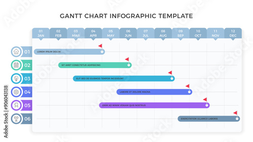Gantt chart template, project plan with 6 tasks, timeline infographic template, vector eps10 illustration