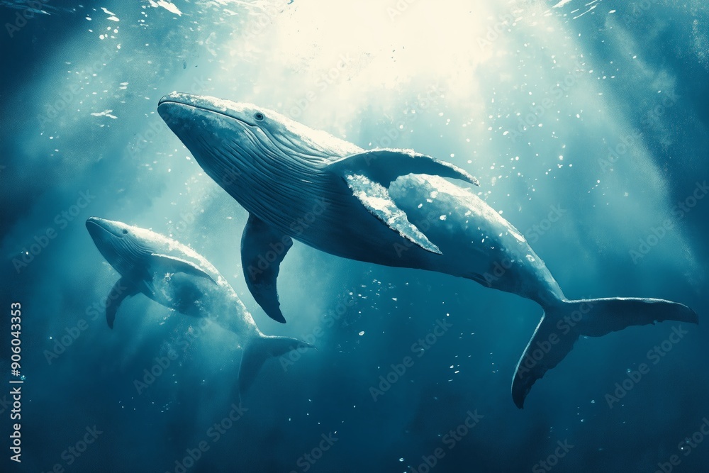 Obraz premium illustration of a majestic blue whale swimming gracefully in the deep blue ocean.