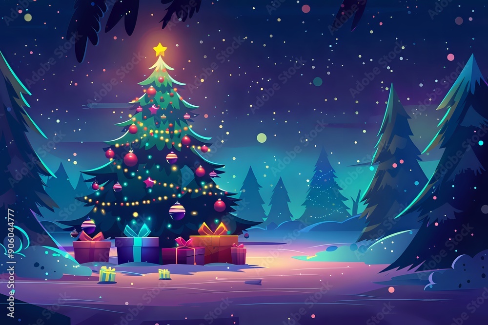 Christmas Tree Glows Bright in a Snowy Forest Clearing with Presents Christmas Tree Glows Bright in a Snowy Forest Clearing with Presents