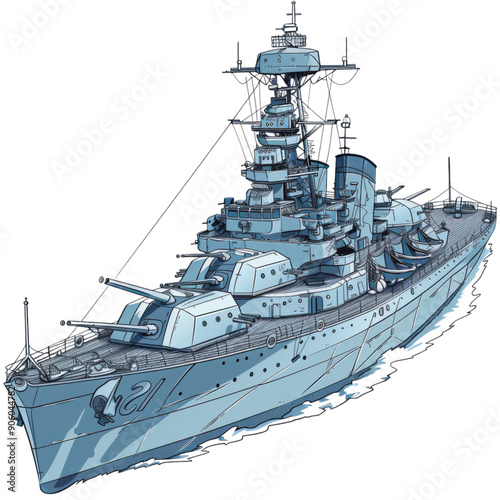 Playful cartoon battleship sailing on a transparent background.