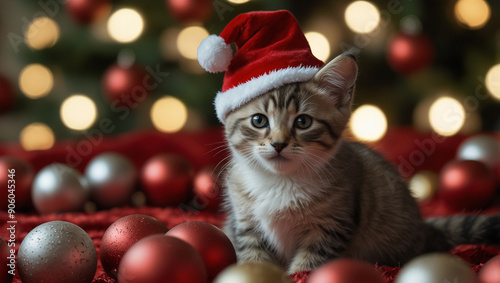 A tabby kitten wearing a Santa hat sits in front of a Christmas tree 