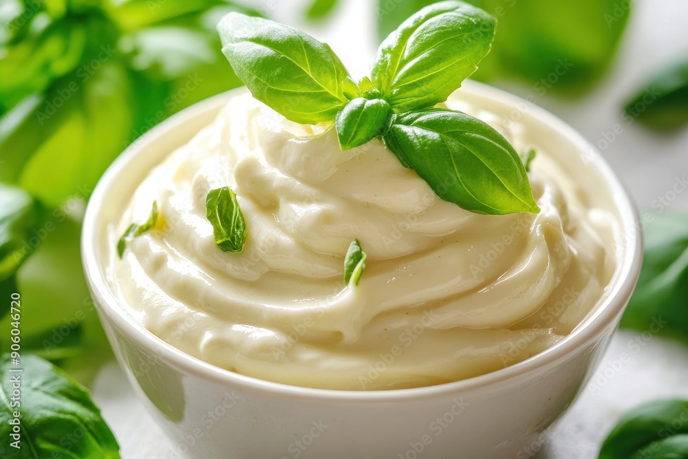 Creamy white swirled mayonnaise with green basil leaves, cut out, ai Creamy white swirled mayonnaise with green basil leaves, cut out, ai