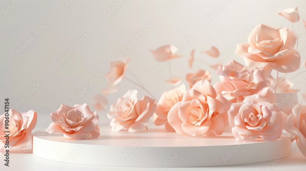 Empty round podium with peach roses for display products, Ai generated for ads Empty round podium with peach roses for display products, Ai generated for ads