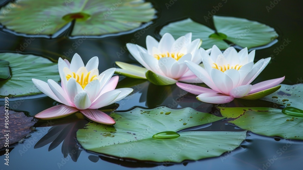 Water lilies float serenely on tranquil ponds, their delicate petals kissed by the sun Water lilies float serenely on tranquil ponds, their delicate petals kissed by the sun