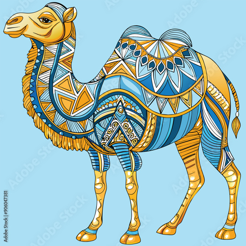 Ornate Camel with Blue and Gold Geometric Patterns
