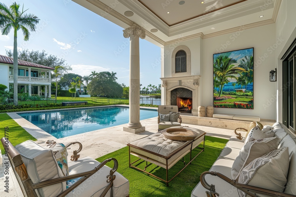 Fototapeta premium Elegant outdoor living area with green carpet and a pool, overlooking a golf course and beachfront in a luxury Miami Beach home. Colorful paintings above the fireplace add a touch of style. 