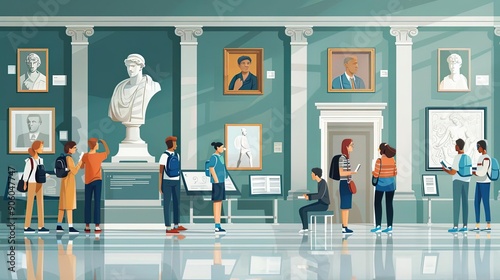 Educational field trip, students visiting museum, flat design illustration