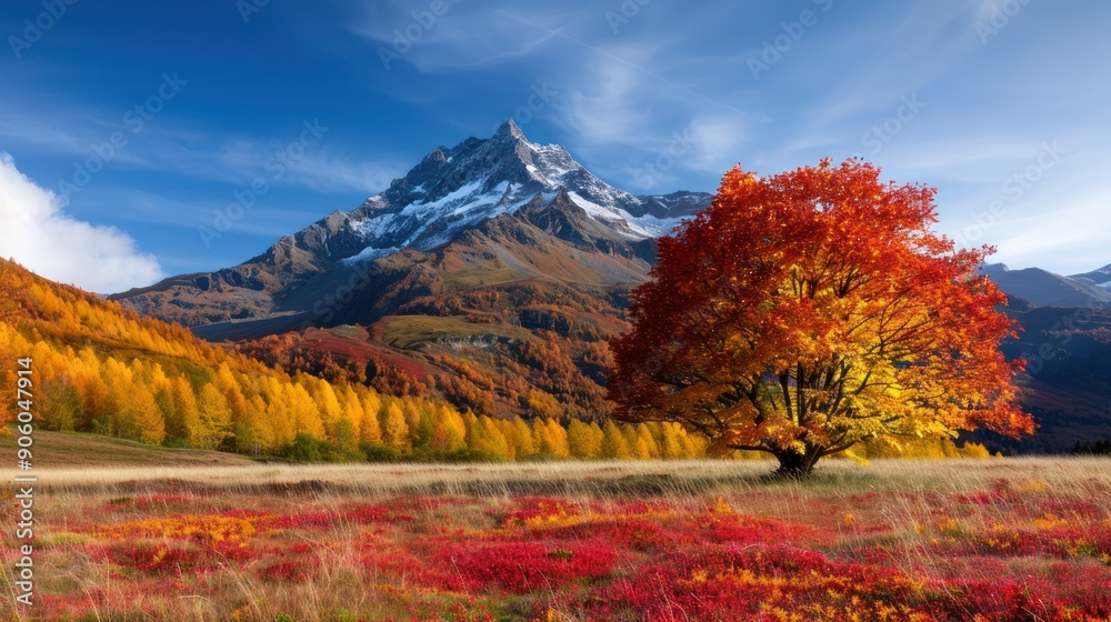 Fototapeta premium A mountain meadow blanketed in a mix of red, yellow, and orange leaves