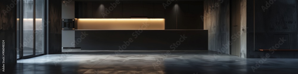 Minimalist Office Interior with Dramatic Light and Shadow: Black Empty Space, Large Floor-to-ceiling Windows, and Sunlight Interplay. Perfect for Modern Architectural Design, Corporate Branding, and H Minimalist Office Interior with Dramatic Light and Shadow: Black Empty Space, Large Floor-to-ceiling Windows, and Sunlight Interplay. Perfect for Modern Architectural Design, Corporate Branding, and H