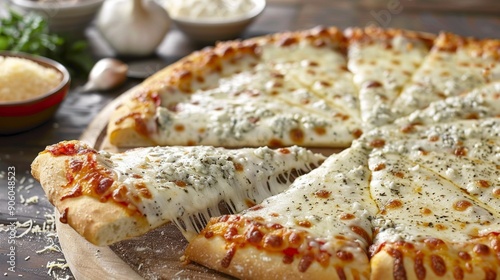 A decadent four-cheese pizza featuring mozzarella, gorgonzola, parmesan