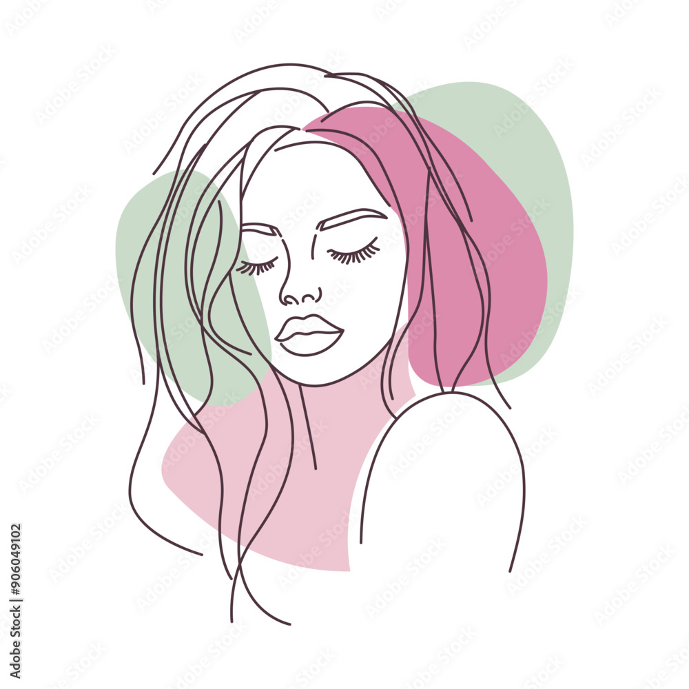 Aesthetic Beautiful Girl Face Hand Drawn Sketch in Line Art Style with Purple Green Fill Color Aesthetic Beautiful Girl Face Hand Drawn Sketch in Line Art Style with Purple Green Fill Color