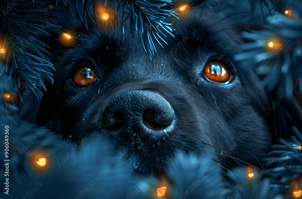 Black Dog with Orange Eyes Surrounded by Christmas Lights Black Dog with Orange Eyes Surrounded by Christmas Lights