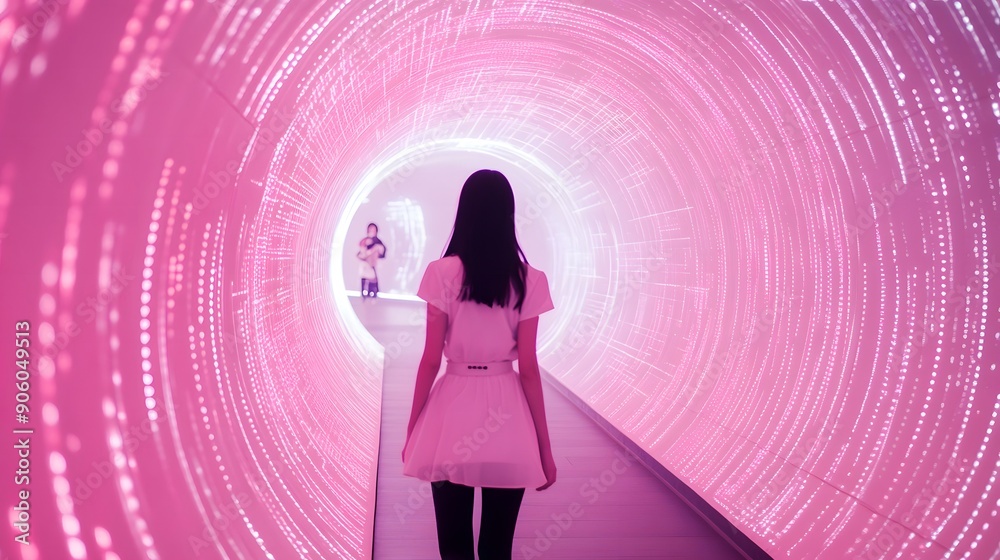 Girl walking through immersive tunnel of light and digital data, pink neon lights, futuristic cyber experience Girl walking through immersive tunnel of light and digital data, pink neon lights, futuristic cyber experience