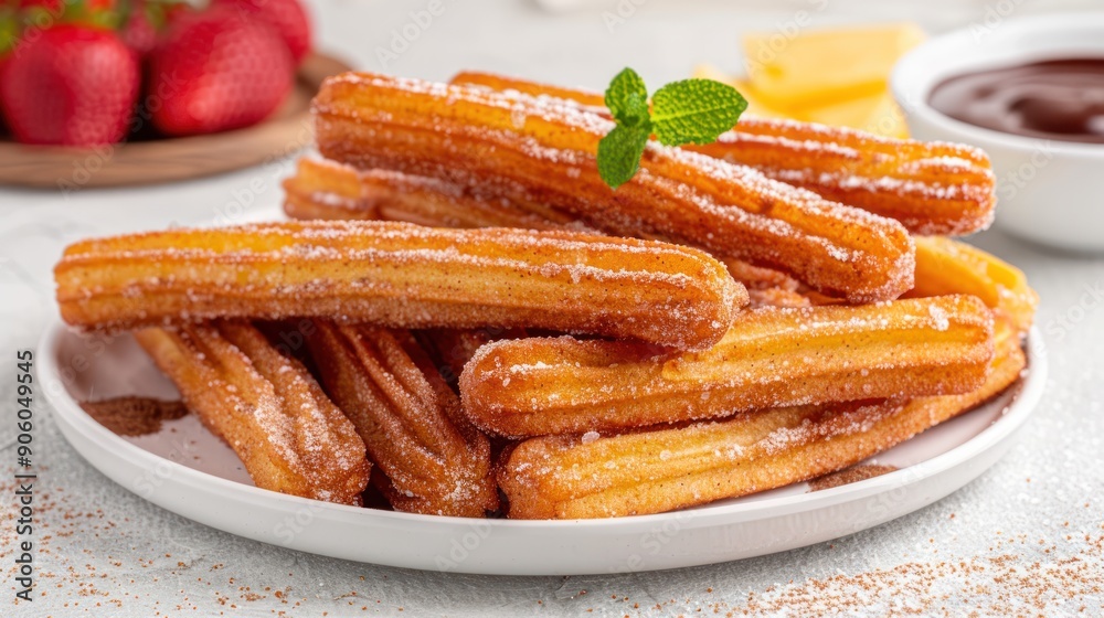 A plate of freshly made churros, dusted with cinnamon sugar and served with chocolate sauce