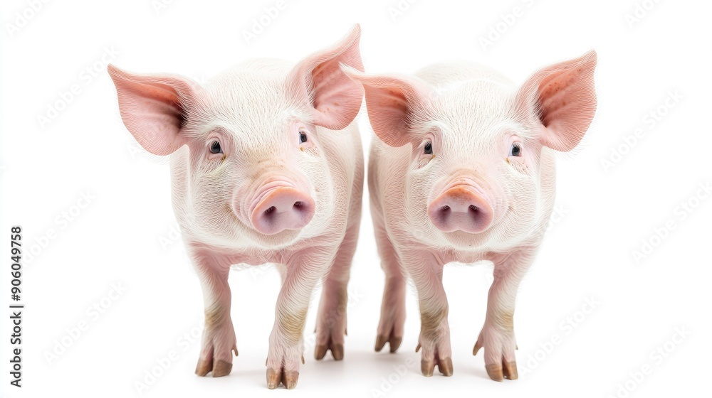 Fototapeta premium A pair of curious pigs standing side by side on a simple white background, displaying their playful nature and endearing features.