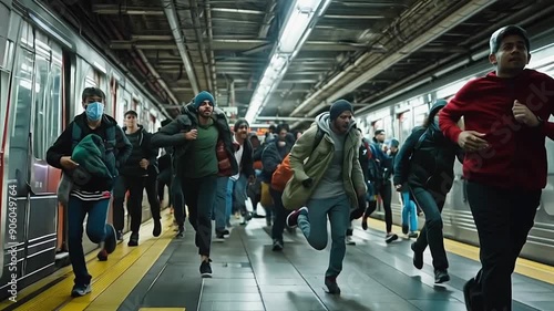 Subway riders people running away panicking 