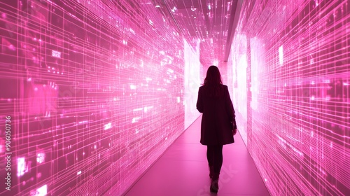 Girl walking through immersive tunnel of light and digital data, pink neon lights, futuristic cyber experience