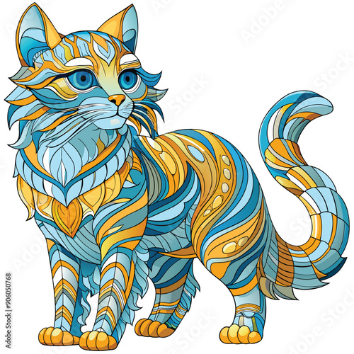 A Detailed and Ornamental Blue and Gold Cat