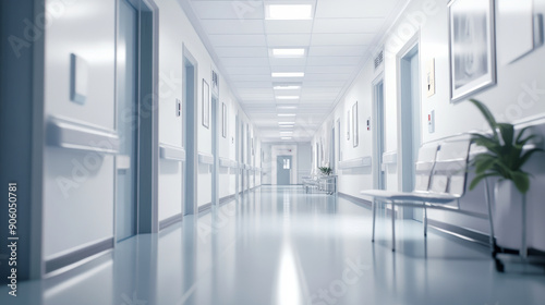 modern hospital hallway with smooth, shiny floors and stylish lighting fixtures. empty hospital rooms and operating rooms with latest life-saving equipment and bright and sunny and airy environment 