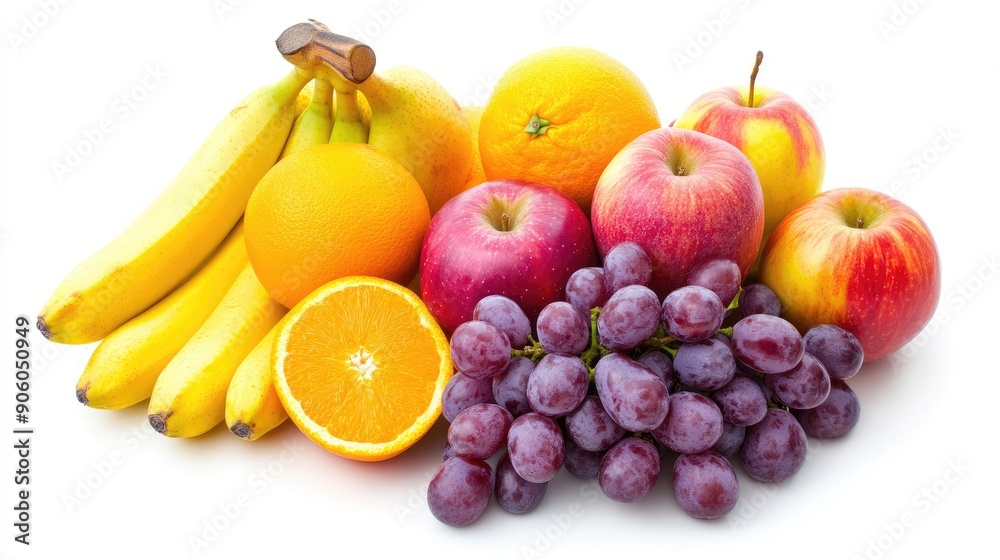 A vibrant assortment of fresh fruits including apples, bananas, grapes, and oranges neatly arranged on a solid white background, highlighting their colors and textures. A vibrant assortment of fresh fruits including apples, bananas, grapes, and oranges neatly arranged on a solid white background, highlighting their colors and textures.