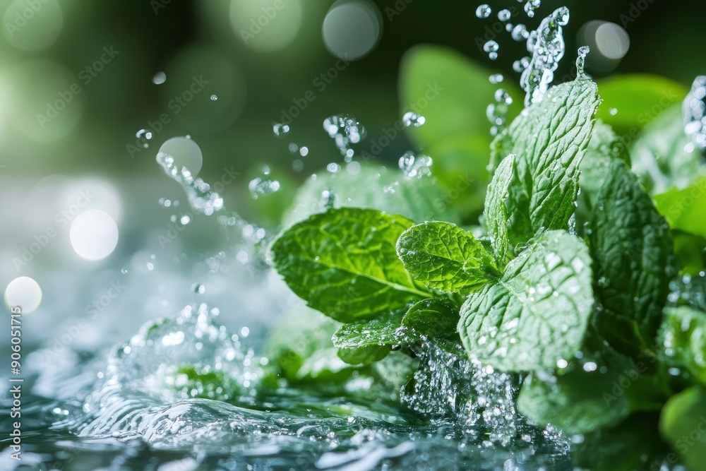 Fresh green mint leaves splashing with water, cut out , ai
