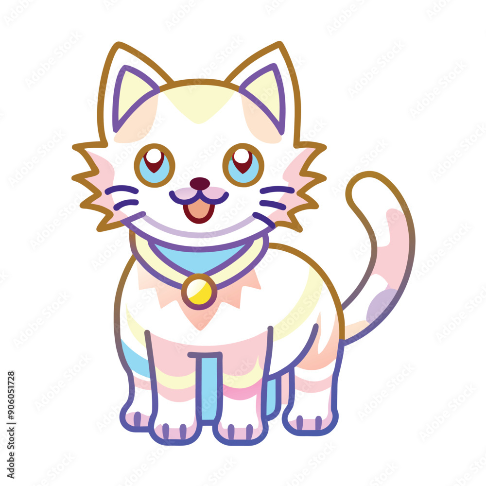A cartoon illustration of a smiling, white cat with pastel pink and blue fur patterns and a gold collar A cartoon illustration of a smiling, white cat with pastel pink and blue fur patterns and a gold collar