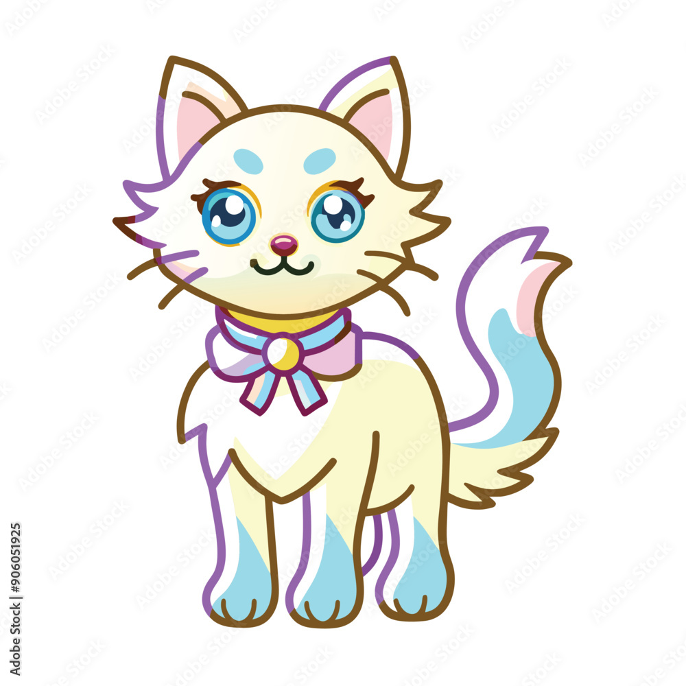 Obraz premium Cute Cartoon White Cat with Blue and Pink Accents
