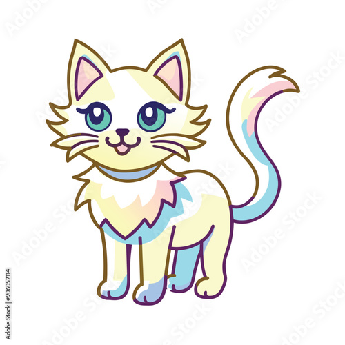 Cartoon illustration of a white cat with blue and pink eyes