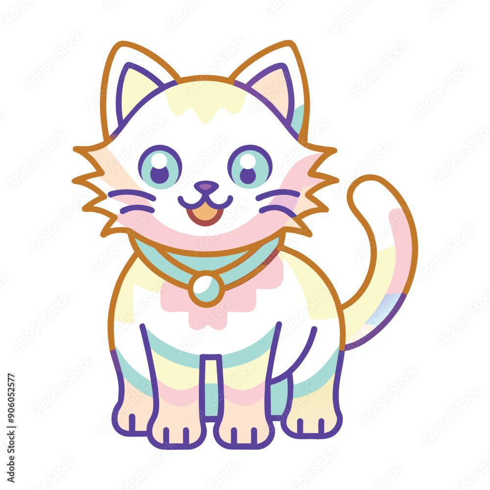 Cartoon Illustration of a Pastel-Colored Cat with a Collar and Tag Cartoon Illustration of a Pastel-Colored Cat with a Collar and Tag