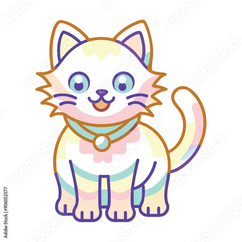 Cartoon Illustration of a Pastel-Colored Cat with a Collar and Tag