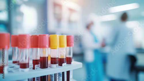 blood samples collected in the pathology department of the hospital, blood withdrawn and stored in a sterilized environment, glass containerfilled with blood for testing, blood testing 