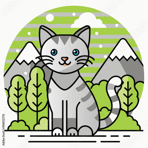 Gray Tabby Cat Sitting in a Mountainous Landscape