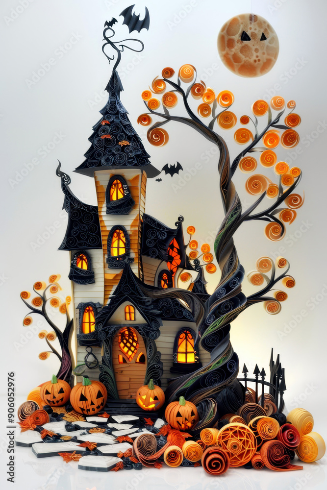 Fototapeta premium 3d Halloween Haunted spooky House with Pumpkins and Bats