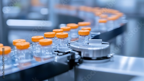 Wallpaper Mural Medication Manufacturing Process. Glass Vials with Orange Caps on Conveyor Belt. Medical Ampoule Production Line at Modern Pharmaceutical Factory.  Torontodigital.ca