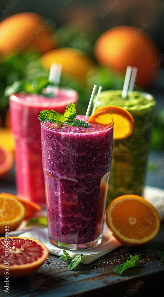 Collage of glasses with fresh delicious smoothie and straw on white background Collage of glasses with fresh delicious smoothie and straw on white background