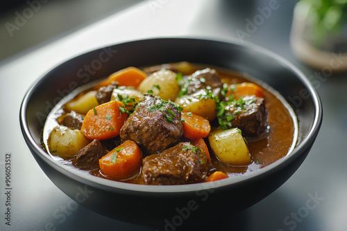 Fresh homemade beef stew with carrot and potatoes served in bowl