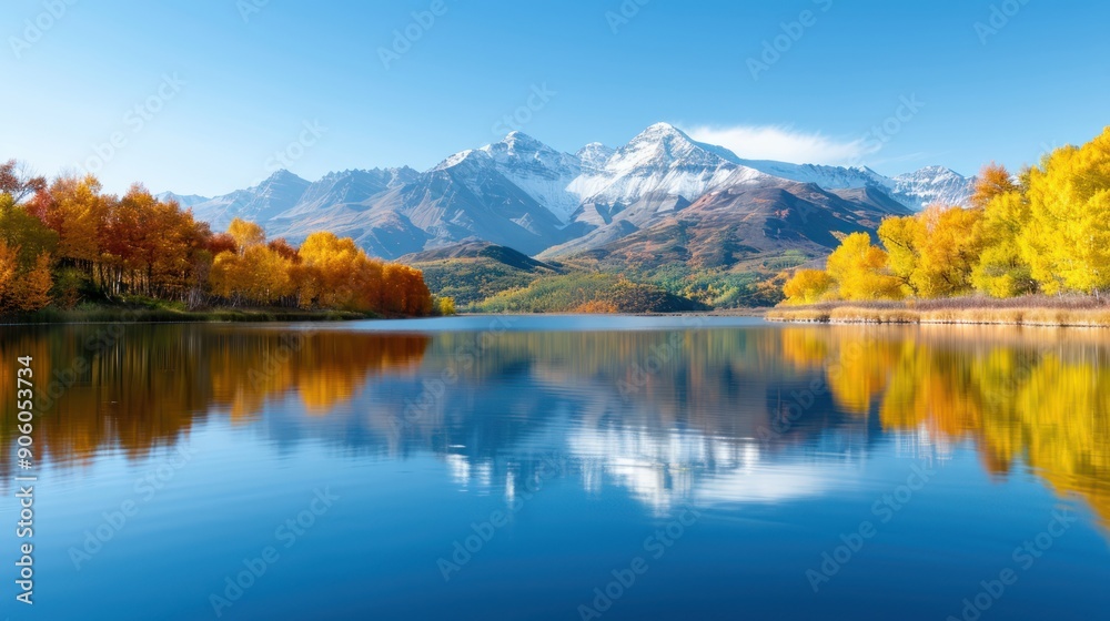 A scenic view of a lake with surrounding mountains and autumn trees A scenic view of a lake with surrounding mountains and autumn trees