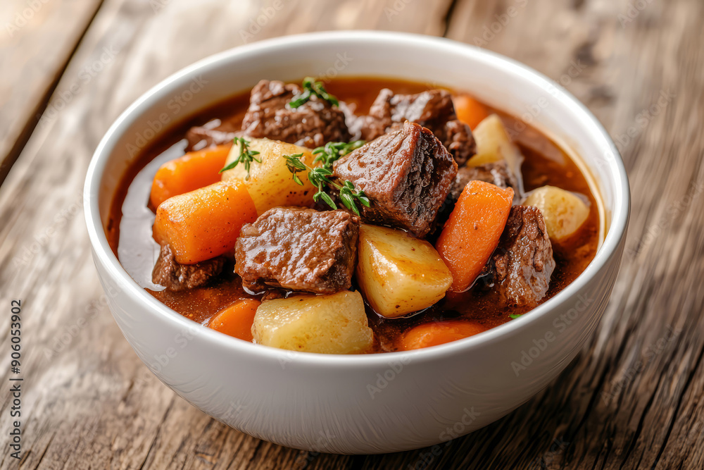 Fresh homemade beef stew with carrot and potatoes served in bowl Fresh homemade beef stew with carrot and potatoes served in bowl