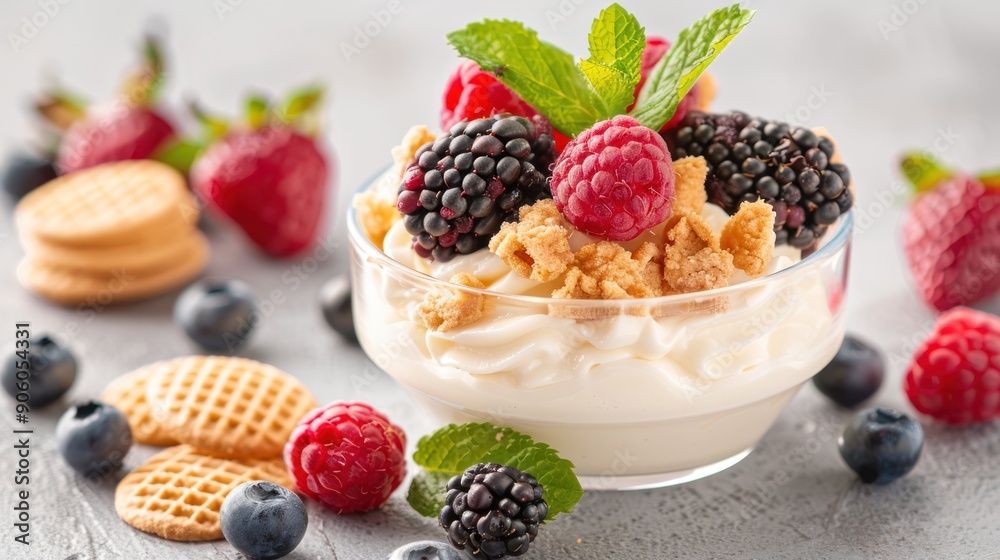 A serving of creamy cajeta, accompanied by fresh fruit and wafer cookies A serving of creamy cajeta, accompanied by fresh fruit and wafer cookies