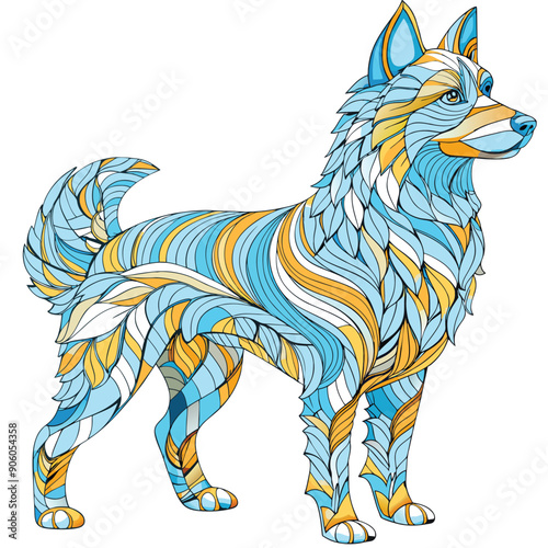 A Detailed Illustration of a Blue and Yellow Dog with a Swirling Pattern