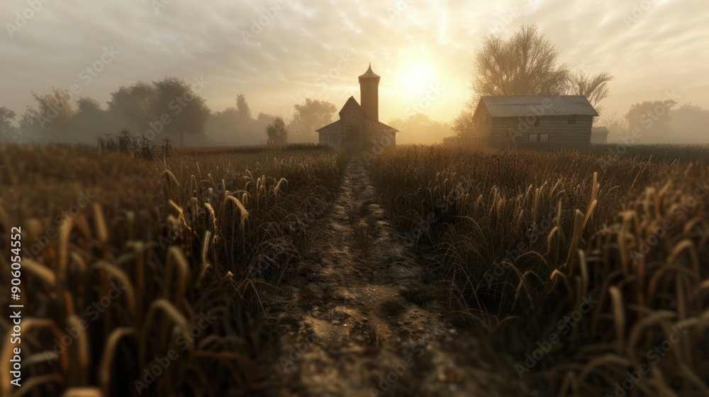 A spooky farm with overgrown crops, abandoned equipment, and zombies