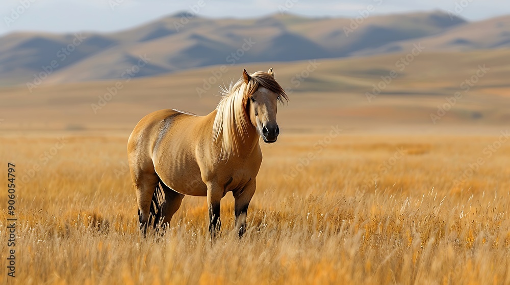 A majestic horse stands gracefully in a golden field, surrounded by rolling hills, showcasing the beauty of nature. A majestic horse stands gracefully in a golden field, surrounded by rolling hills, showcasing the beauty of nature.