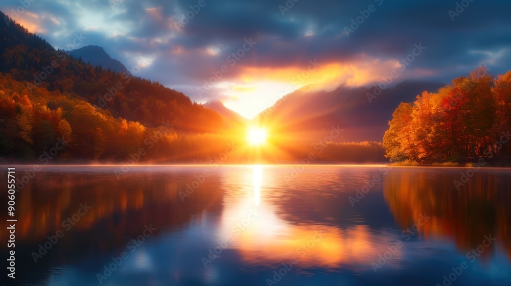 A sunset reflecting off a lake surrounded by brilliant fall colors A sunset reflecting off a lake surrounded by brilliant fall colors