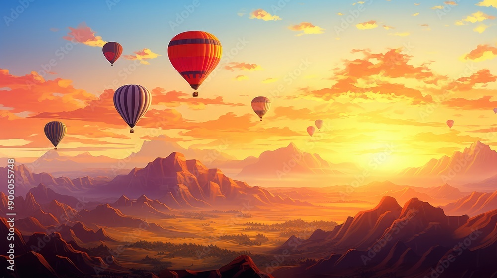 Obraz premium Sunrise with hot air balloons over a beautiful landscape, vibrant and dreamy, AI-enhanced, digital illustration, scenic travel destination