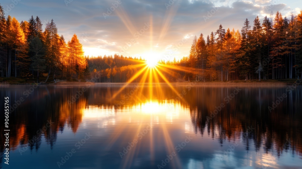 A sunset reflecting off a lake surrounded by brilliant fall colors