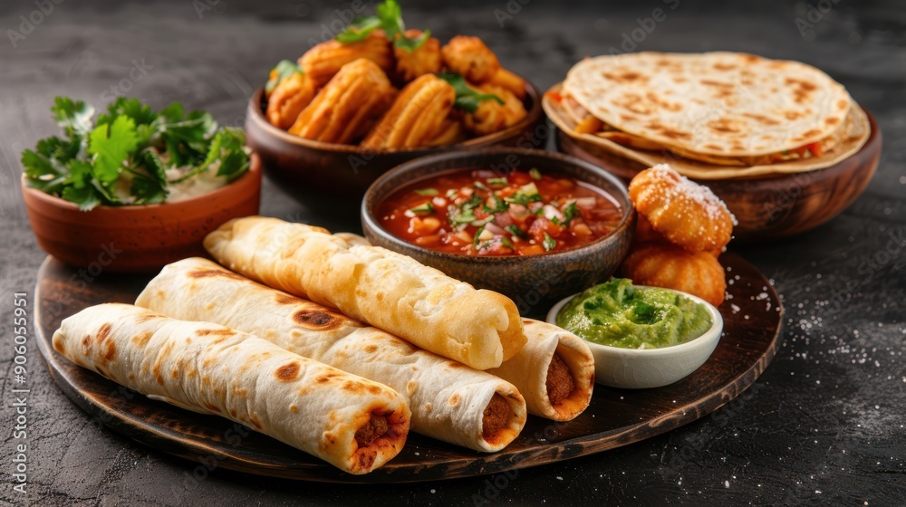 A table set with a variety of Mexican street foods, including elote, quesadillas, and churros A table set with a variety of Mexican street foods, including elote, quesadillas, and churros