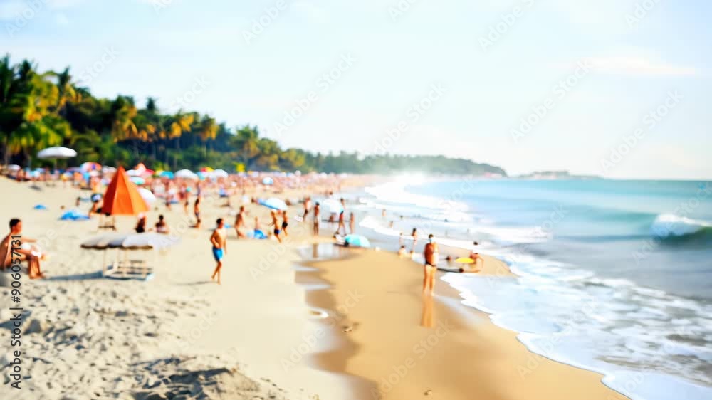 Wide shot: Crowded beach bustles with summer activity. Pans across shoreline, revealing families, sunbathers, and beachgoers. Vibrant colors and lively atmosphere capture essence of seaside vacation. Wide shot: Crowded beach bustles with summer activity. Pans across shoreline, revealing families, sunbathers, and beachgoers. Vibrant colors and lively atmosphere capture essence of seaside vacation.